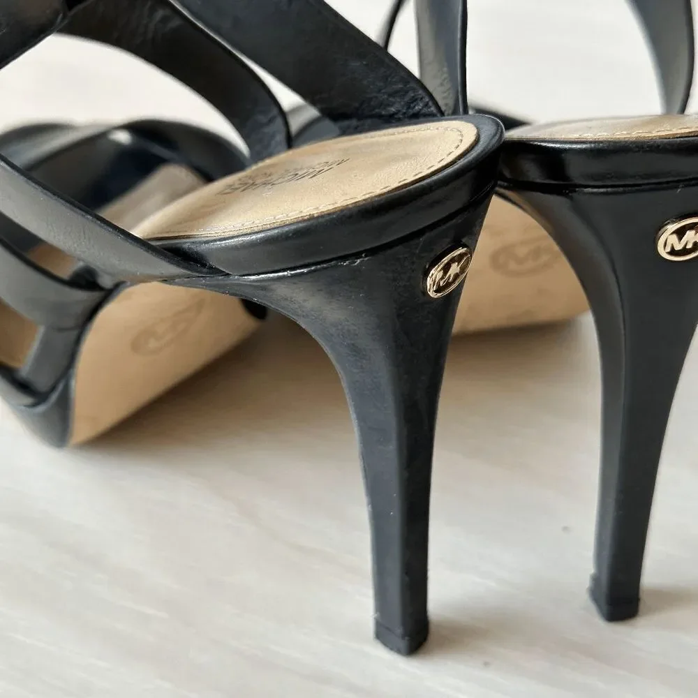 MICHAEL Michael Kors Black Leather Open Toe Buckle Heels - Size 7.5
